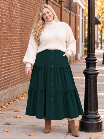 Moon Wood Womens Plus Size Corduroy Maxi Skirt Fall Long Skirt with Pockets - Green