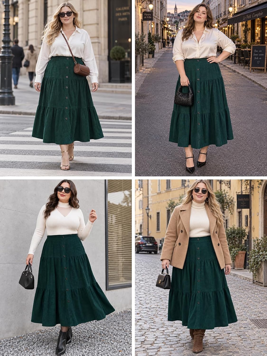 Moon Wood Womens Plus Size Corduroy Maxi Skirt Fall Long Skirt with Pockets - Green