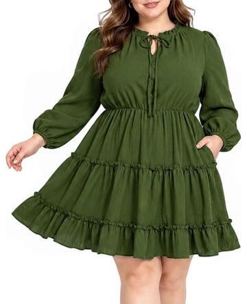 Moon Wood Womens Plus Size Fall Dresses Long Sleeve Dress Mini Dress With Pocket - Army Green
