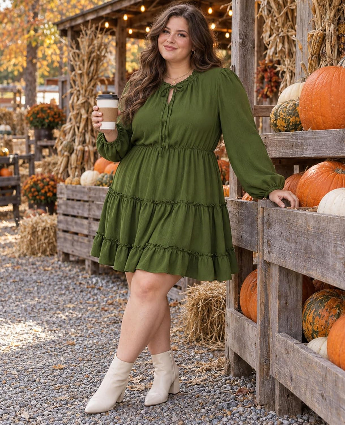 Moon Wood Womens Plus Size Fall Dresses Long Sleeve Dress Mini Dress With Pocket - Army Green