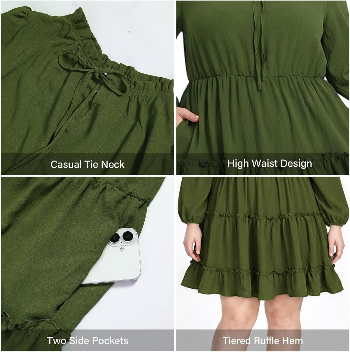 Moon Wood Womens Plus Size Fall Dresses Long Sleeve Dress Mini Dress With Pocket - Army Green