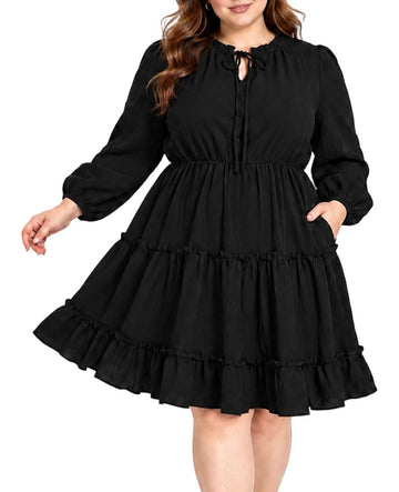 Moon Wood Womens Plus Size Fall Dresses Long Sleeve Dress Mini Dress With Pocket - Black