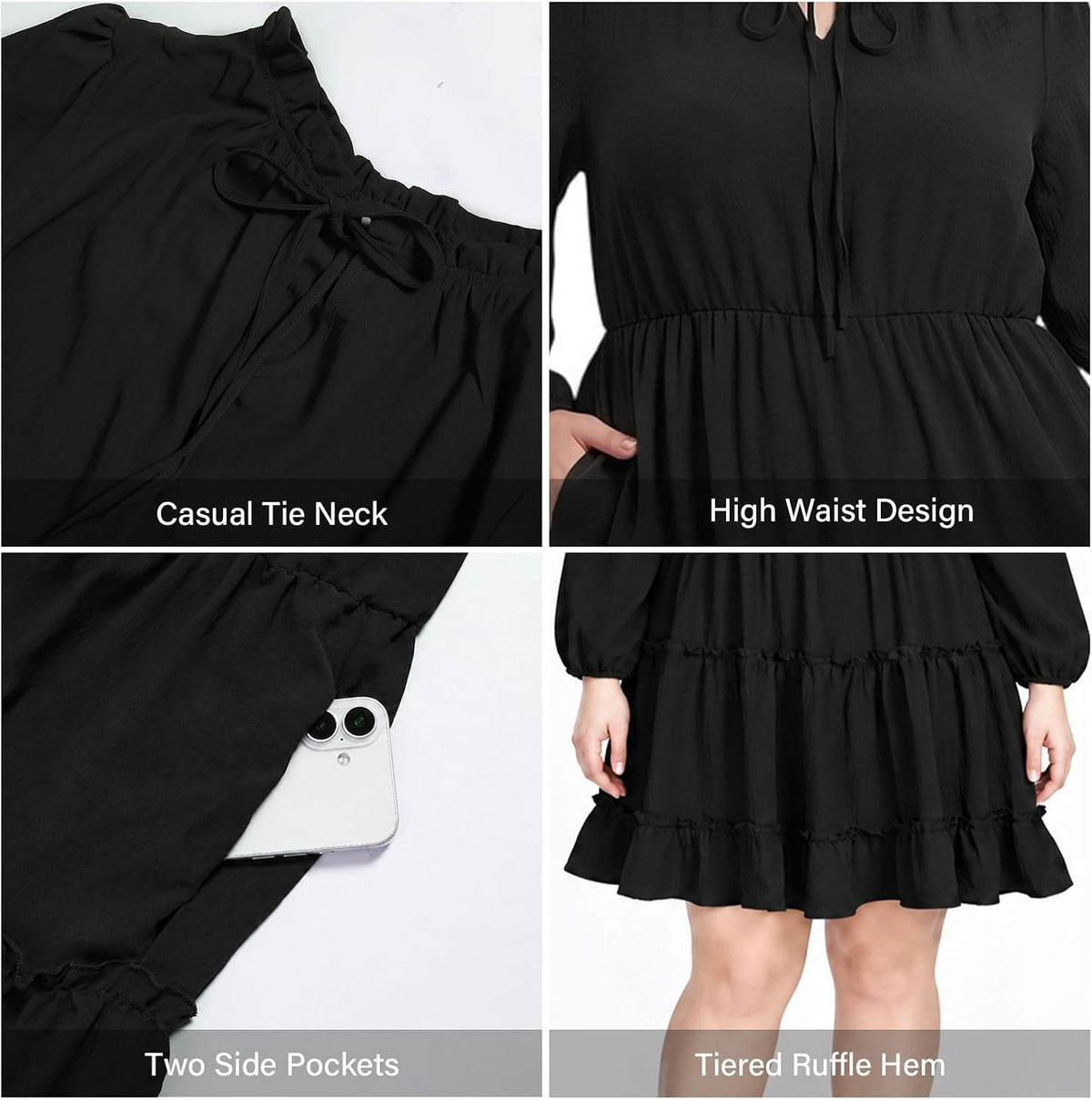 Moon Wood Womens Plus Size Fall Dresses Long Sleeve Dress Mini Dress With Pocket - Black