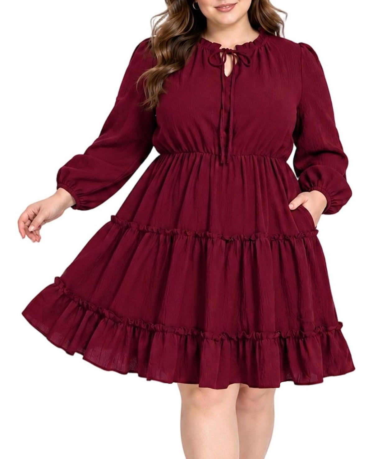 Moon Wood Womens Plus Size Fall Dresses Long Sleeve Dress Mini Dress With Pocket - Burgundy
