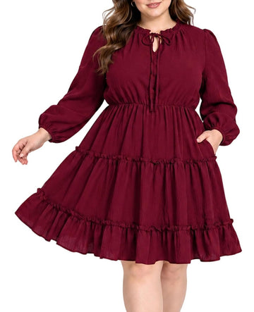 Moon Wood Womens Plus Size Fall Dresses Long Sleeve Dress Mini Dress With Pocket - Burgundy