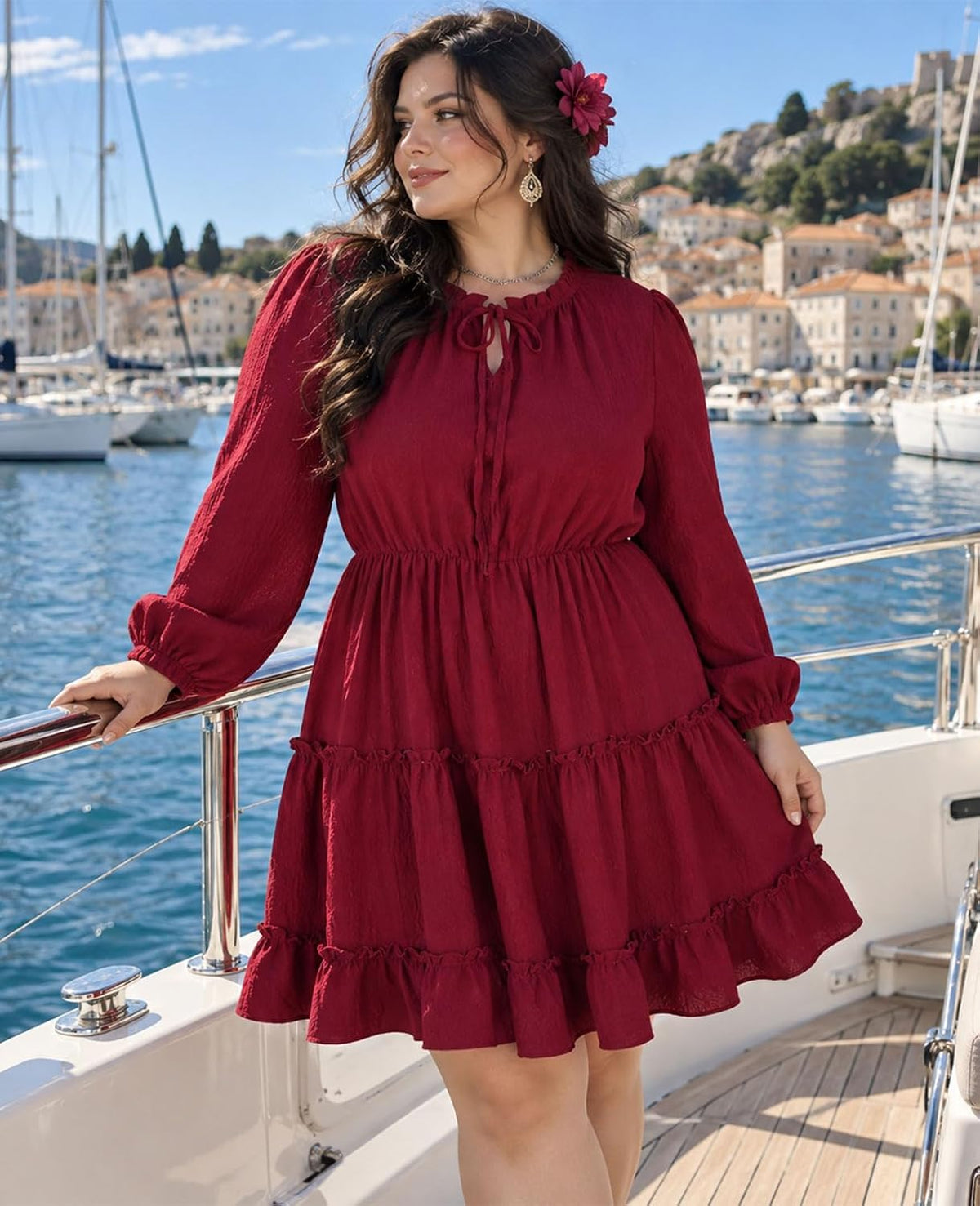 Moon Wood Womens Plus Size Fall Dresses Long Sleeve Dress Mini Dress With Pocket - Burgundy
