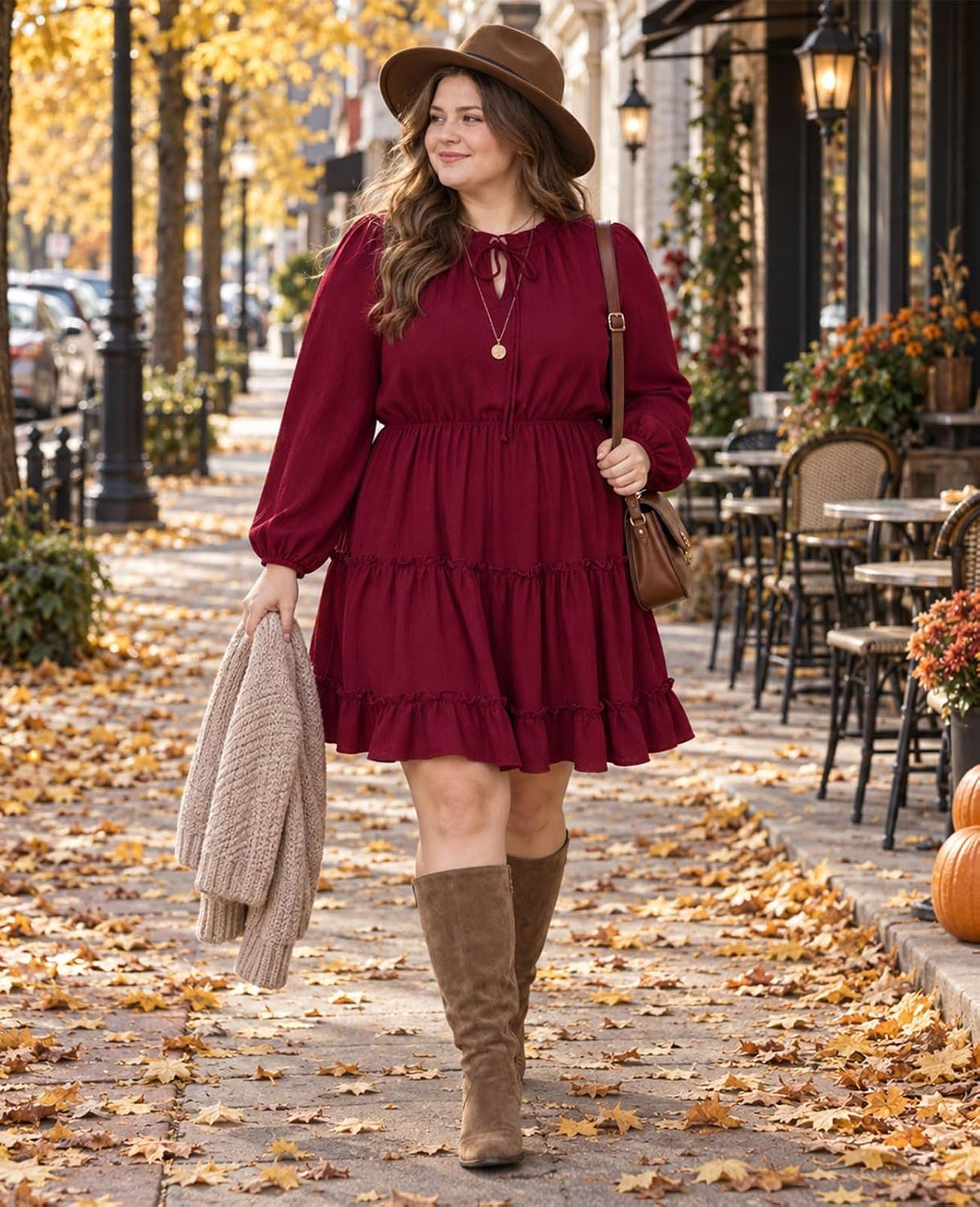 Moon Wood Womens Plus Size Fall Dresses Long Sleeve Dress Mini Dress With Pocket - Burgundy