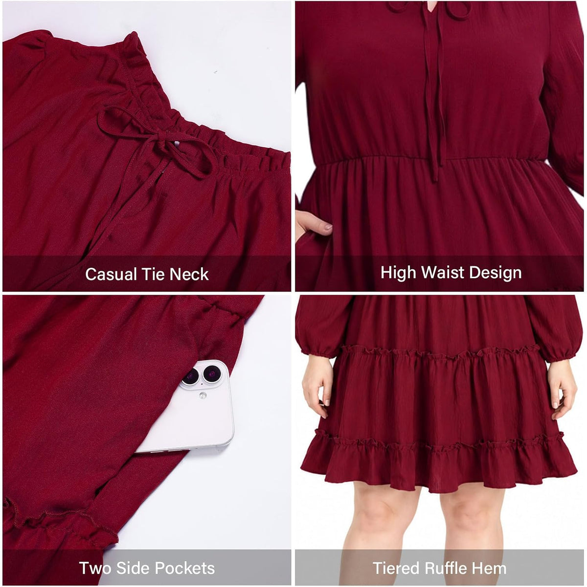 Moon Wood Womens Plus Size Fall Dresses Long Sleeve Dress Mini Dress With Pocket - Burgundy