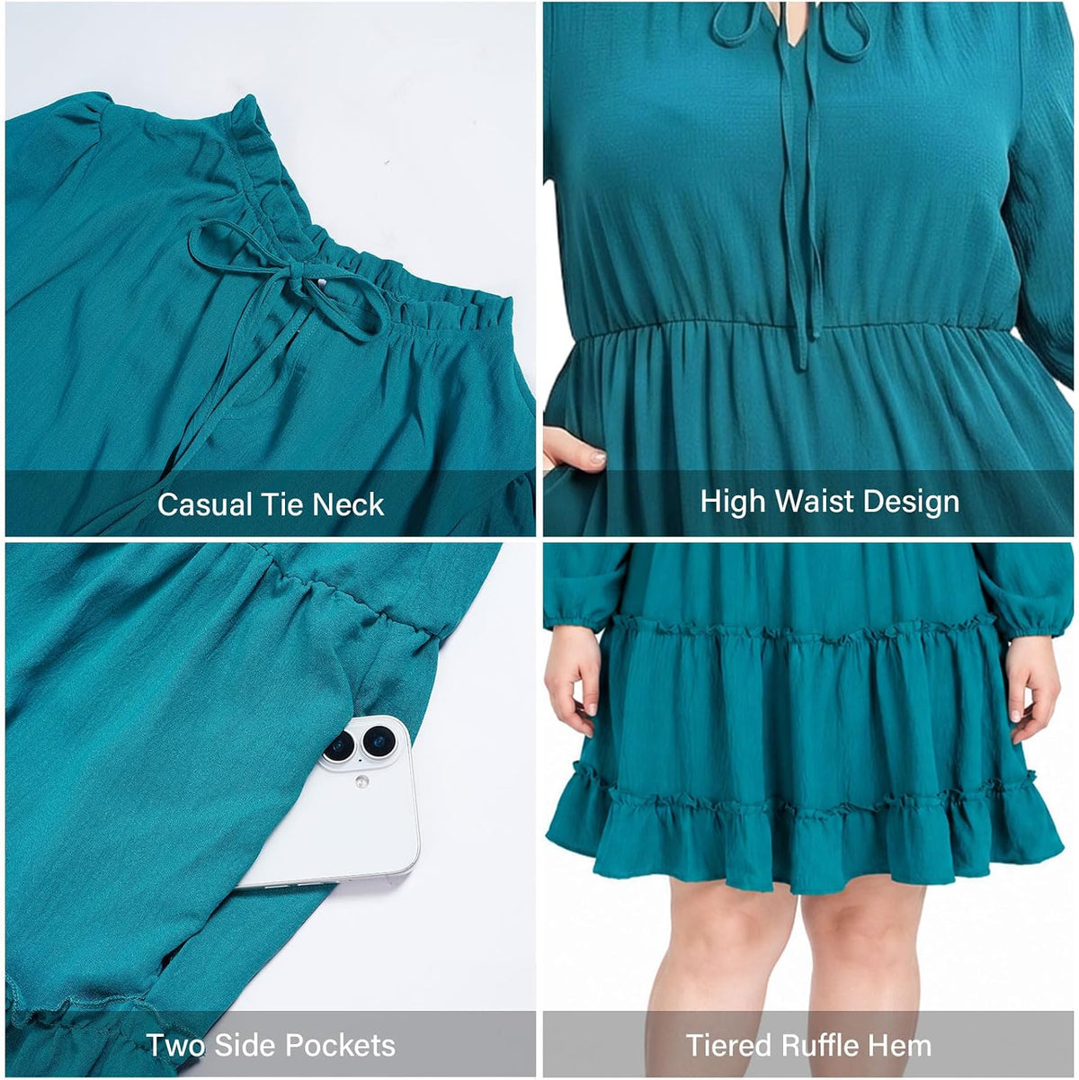 Moon Wood Womens Plus Size Fall Dresses Long Sleeve Dress Mini Dress With Pocket - Dark Blue