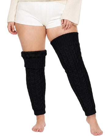 Moon Wood Womens Plus Size Fleece Lined Leg Warmers Thick Footless Thigh High Socks - Black