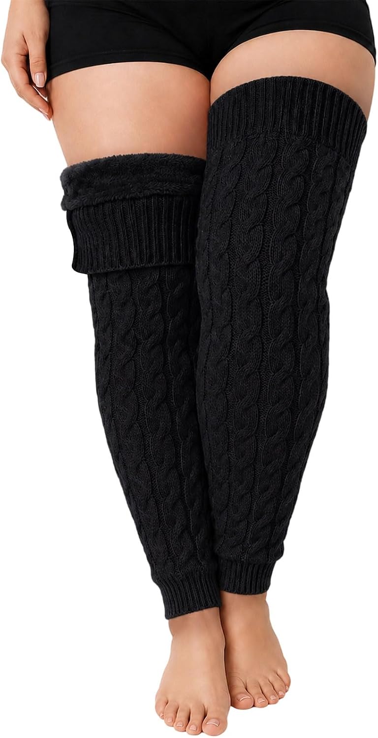 Moon Wood Womens Plus Size Fleece Lined Leg Warmers Thick Footless Thigh High Socks - Black