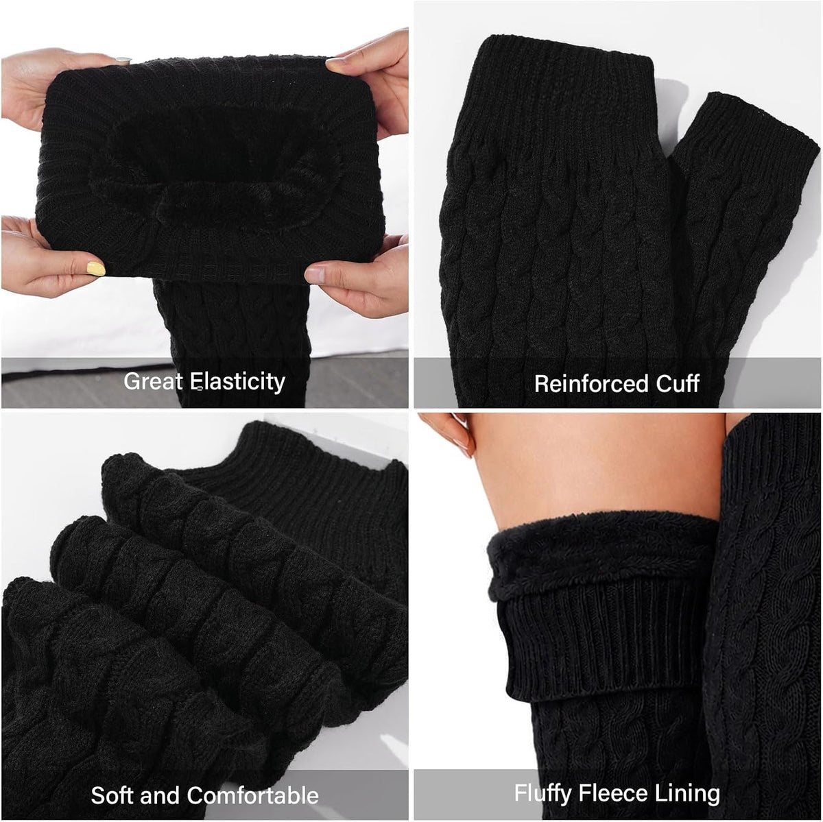 Moon Wood Womens Plus Size Fleece Lined Leg Warmers Thick Footless Thigh High Socks - Black