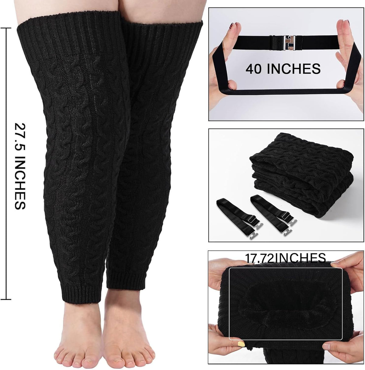 Moon Wood Womens Plus Size Fleece Lined Leg Warmers Thick Footless Thigh High Socks - Black