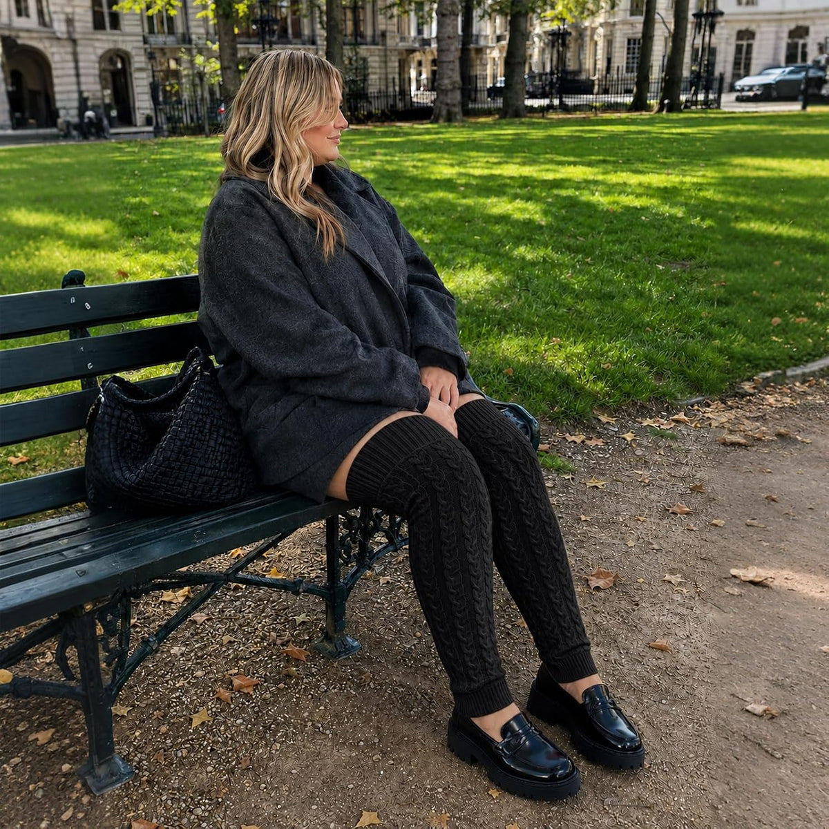 Moon Wood Womens Plus Size Fleece Lined Leg Warmers Thick Footless Thigh High Socks - Black