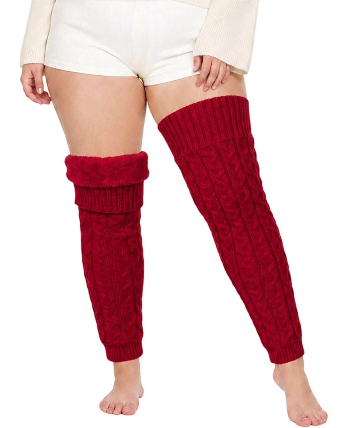 Moon Wood Womens Plus Size Fleece Lined Leg Warmers Thick Footless Thigh High Socks - Burgundy