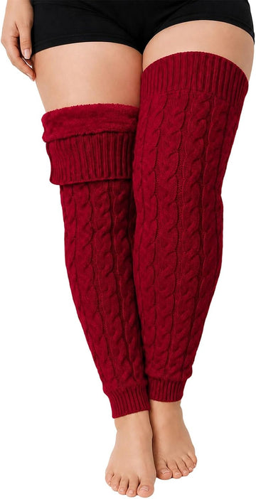Moon Wood Womens Plus Size Fleece Lined Leg Warmers Thick Footless Thigh High Socks - Burgundy