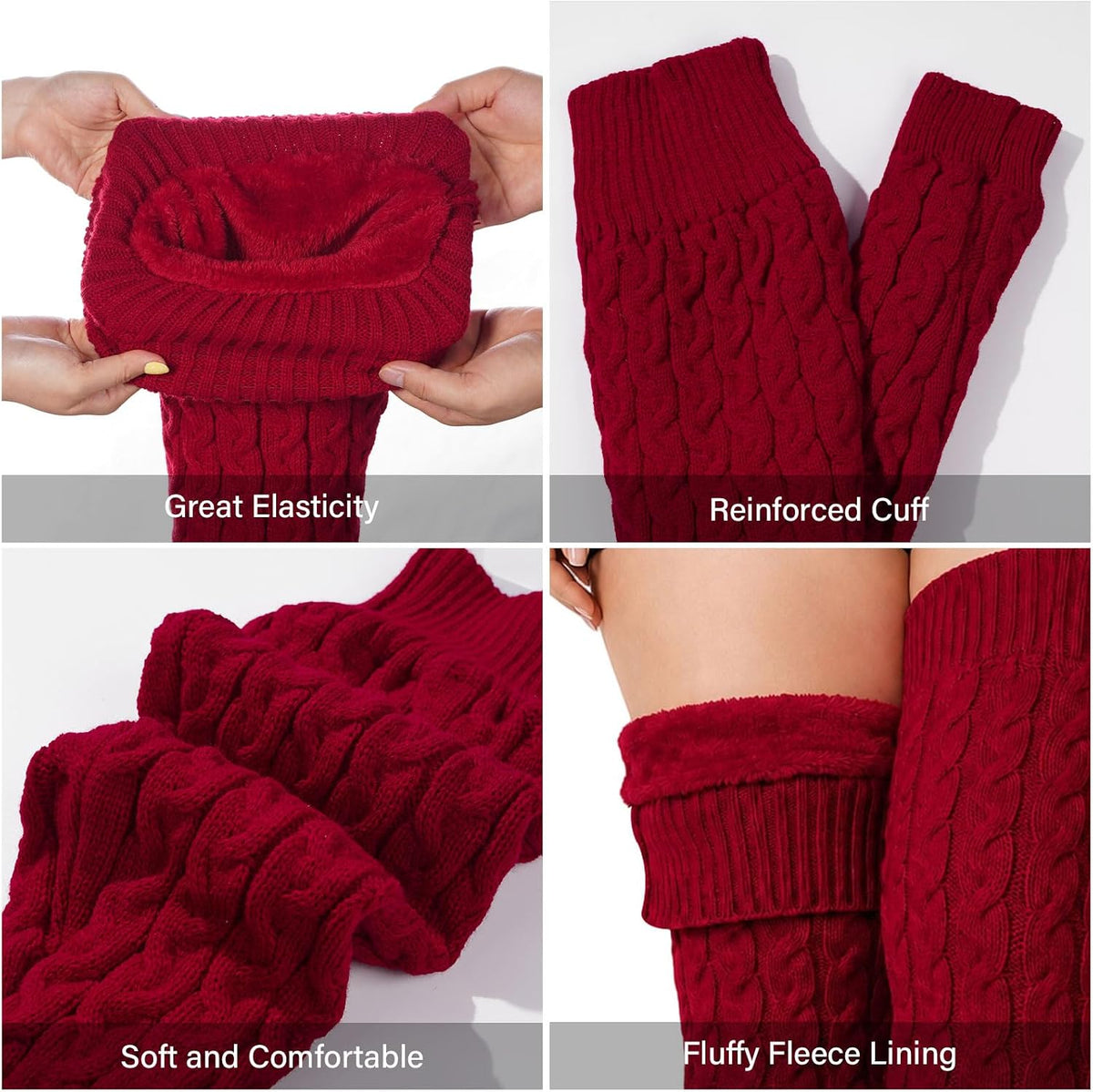 Moon Wood Womens Plus Size Fleece Lined Leg Warmers Thick Footless Thigh High Socks - Burgundy