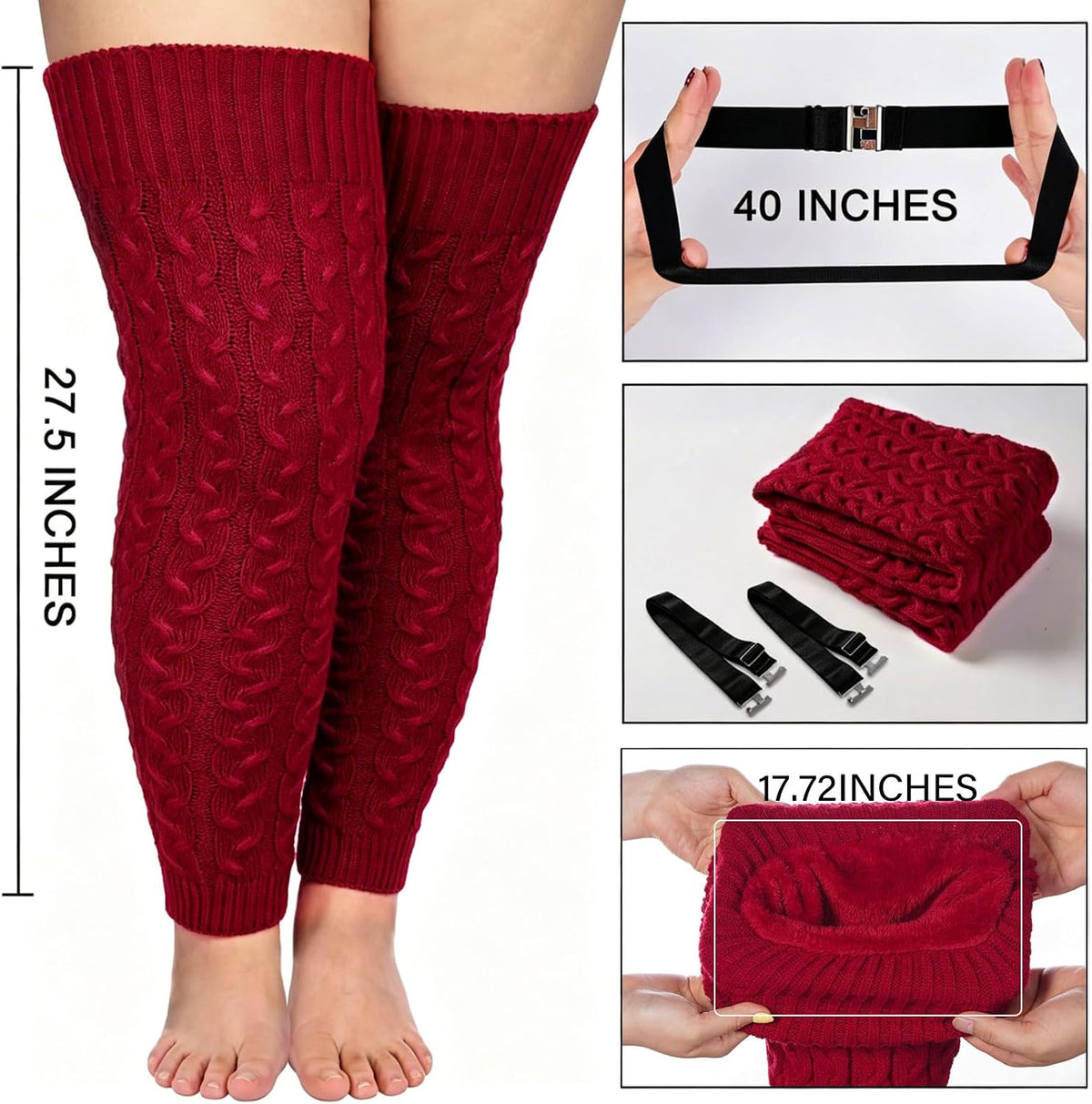 Moon Wood Womens Plus Size Fleece Lined Leg Warmers Thick Footless Thigh High Socks - Burgundy