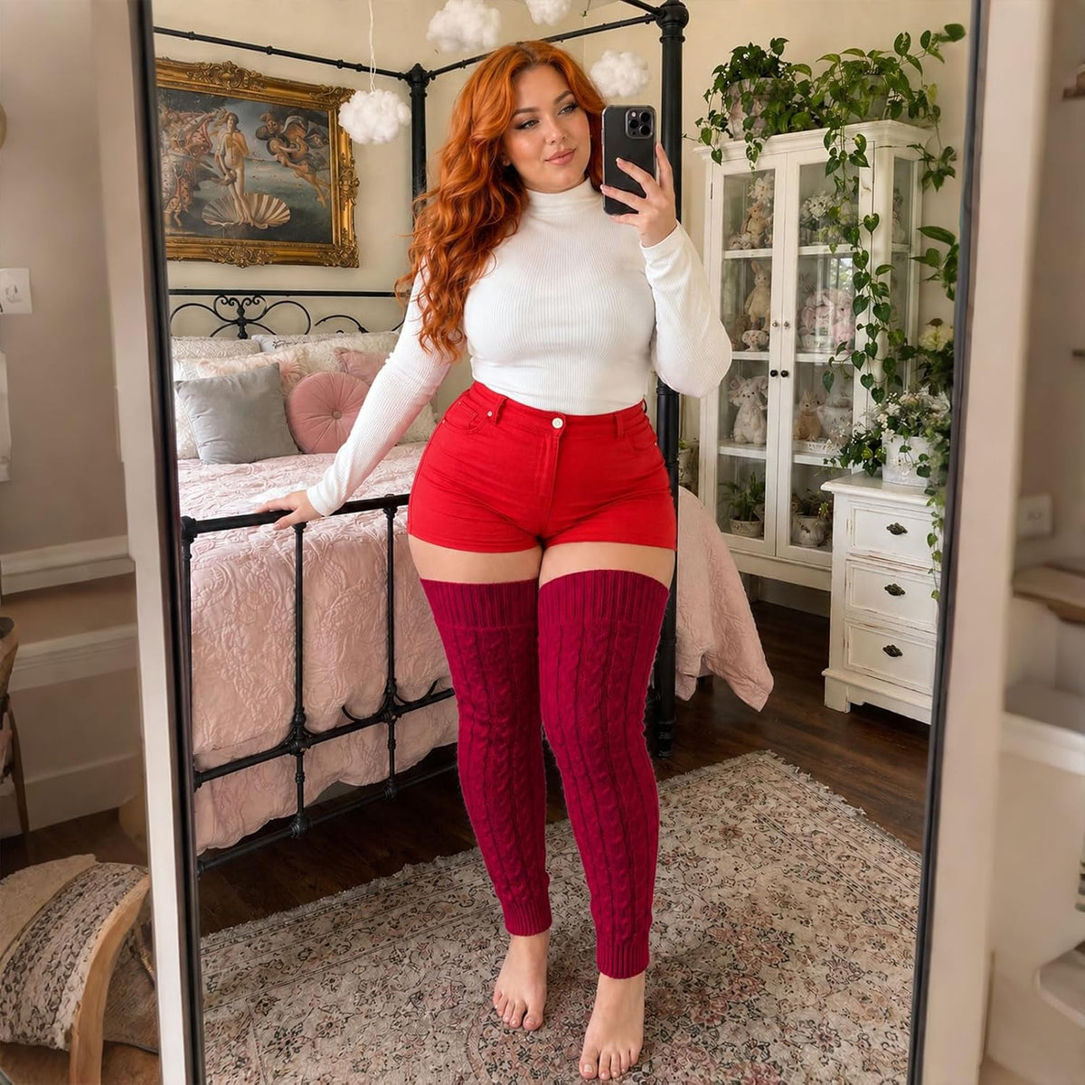 Moon Wood Womens Plus Size Fleece Lined Leg Warmers Thick Footless Thigh High Socks - Burgundy