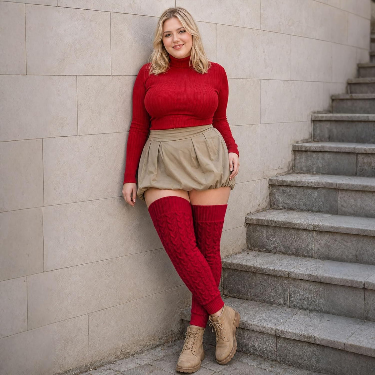 Moon Wood Womens Plus Size Fleece Lined Leg Warmers Thick Footless Thigh High Socks - Burgundy