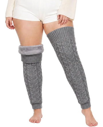 Moon Wood Womens Plus Size Fleece Lined Leg Warmers Thick Footless Thigh High Socks - Grey
