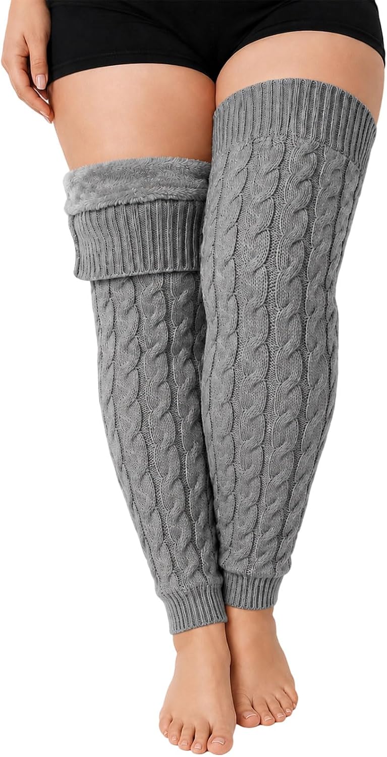 Moon Wood Womens Plus Size Fleece Lined Leg Warmers Thick Footless Thigh High Socks - Grey