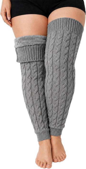 Moon Wood Womens Plus Size Fleece Lined Leg Warmers Thick Footless Thigh High Socks - Grey