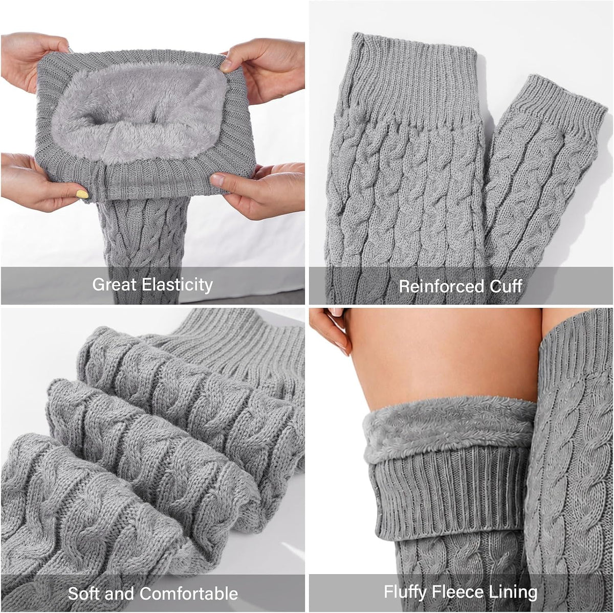 Moon Wood Womens Plus Size Fleece Lined Leg Warmers Thick Footless Thigh High Socks - Grey