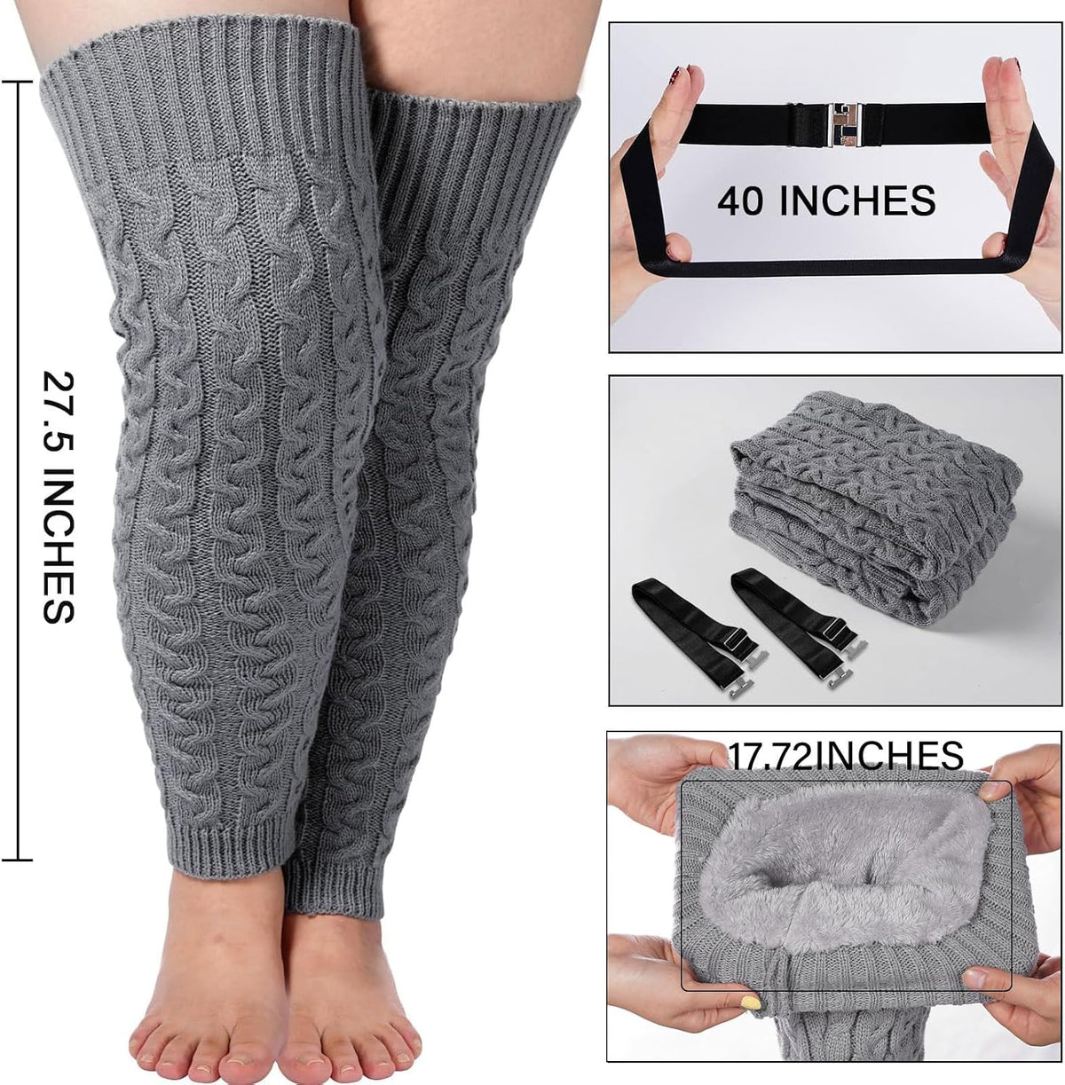 Moon Wood Womens Plus Size Fleece Lined Leg Warmers Thick Footless Thigh High Socks - Grey