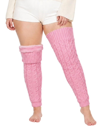 Moon Wood Womens Plus Size Fleece Lined Leg Warmers Thick Footless Thigh High Socks - Light Pink