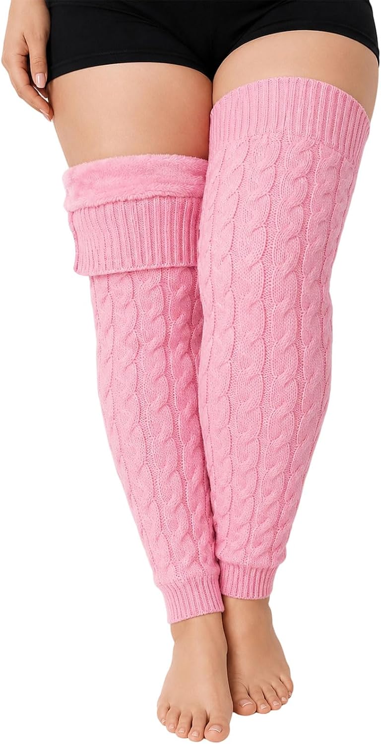 Moon Wood Womens Plus Size Fleece Lined Leg Warmers Thick Footless Thigh High Socks - Light Pink
