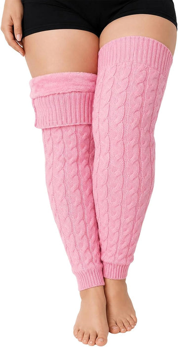 Moon Wood Womens Plus Size Fleece Lined Leg Warmers Thick Footless Thigh High Socks - Light Pink
