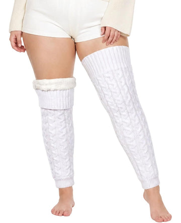 Moon Wood Womens Plus Size Fleece Lined Leg Warmers Thick Footless Thigh High Socks - White