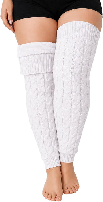 Moon Wood Womens Plus Size Fleece Lined Leg Warmers Thick Footless Thigh High Socks - White