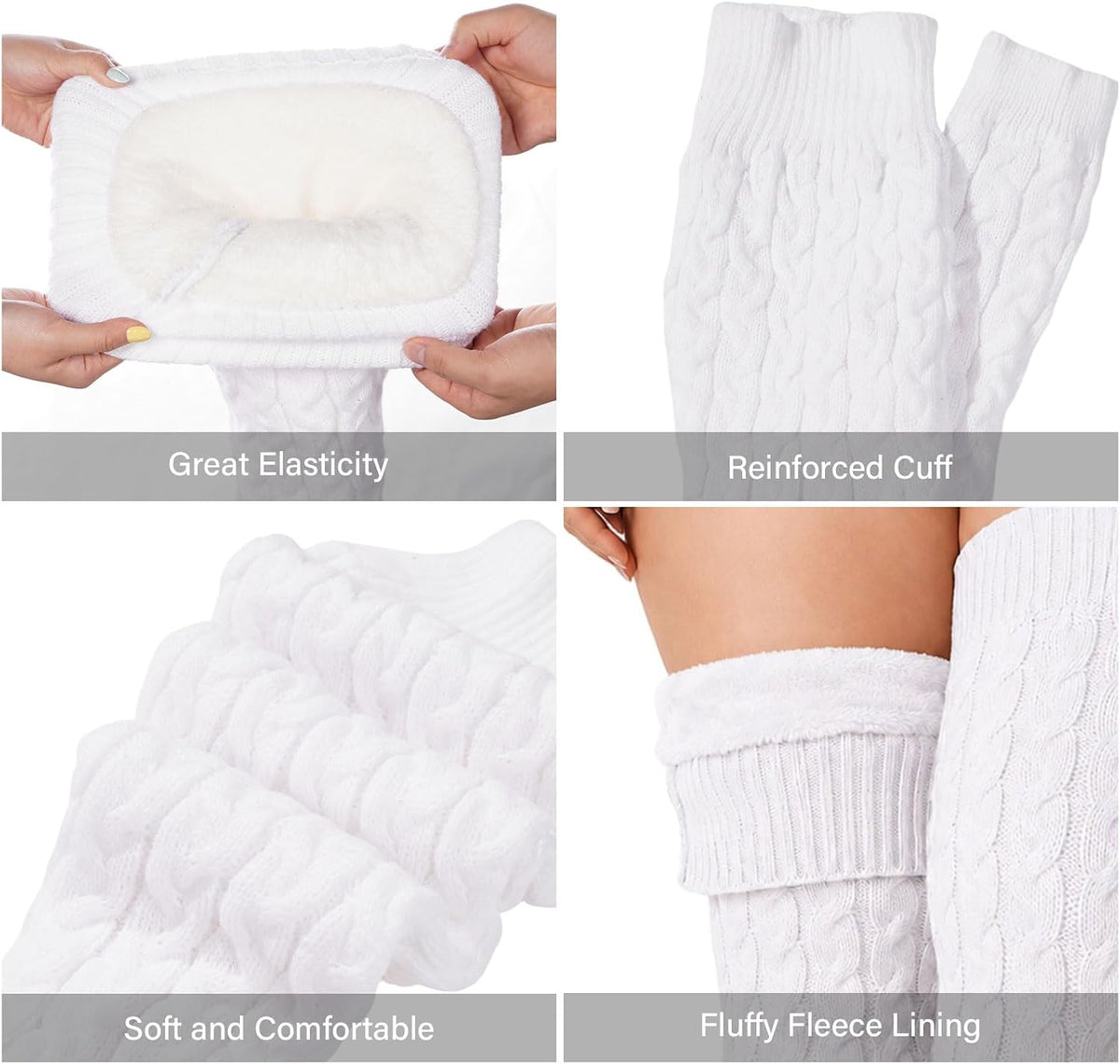 Moon Wood Womens Plus Size Fleece Lined Leg Warmers Thick Footless Thigh High Socks - White