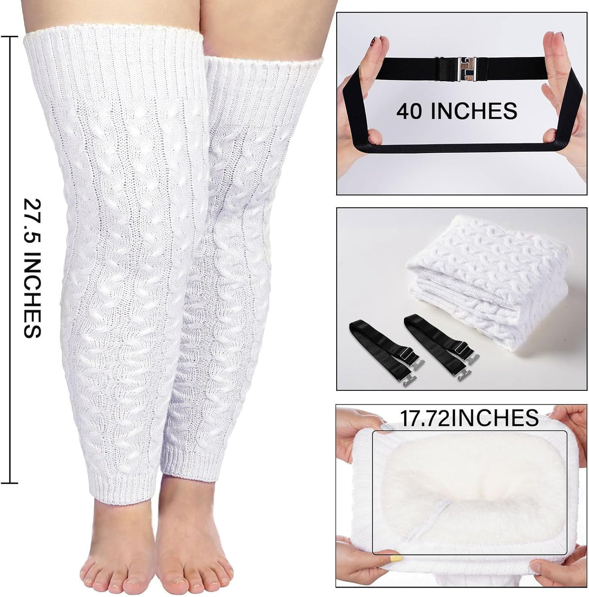 Moon Wood Womens Plus Size Fleece Lined Leg Warmers Thick Footless Thigh High Socks - White