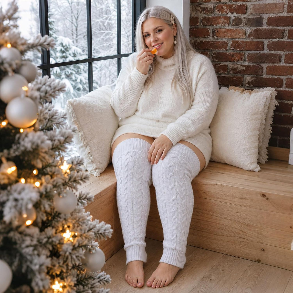 Moon Wood Womens Plus Size Fleece Lined Leg Warmers Thick Footless Thigh High Socks - White