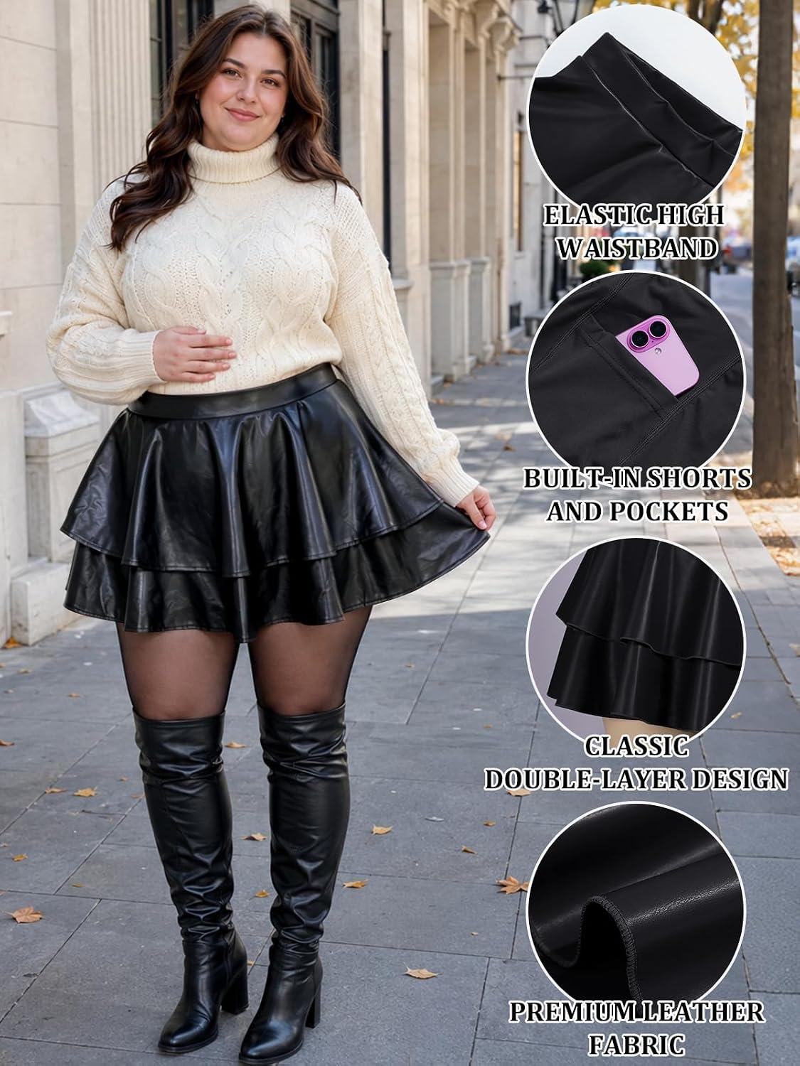 Moon Wood Womens Plus Size Leather Mini Skirt Ruffle Skort with Pockets - Black