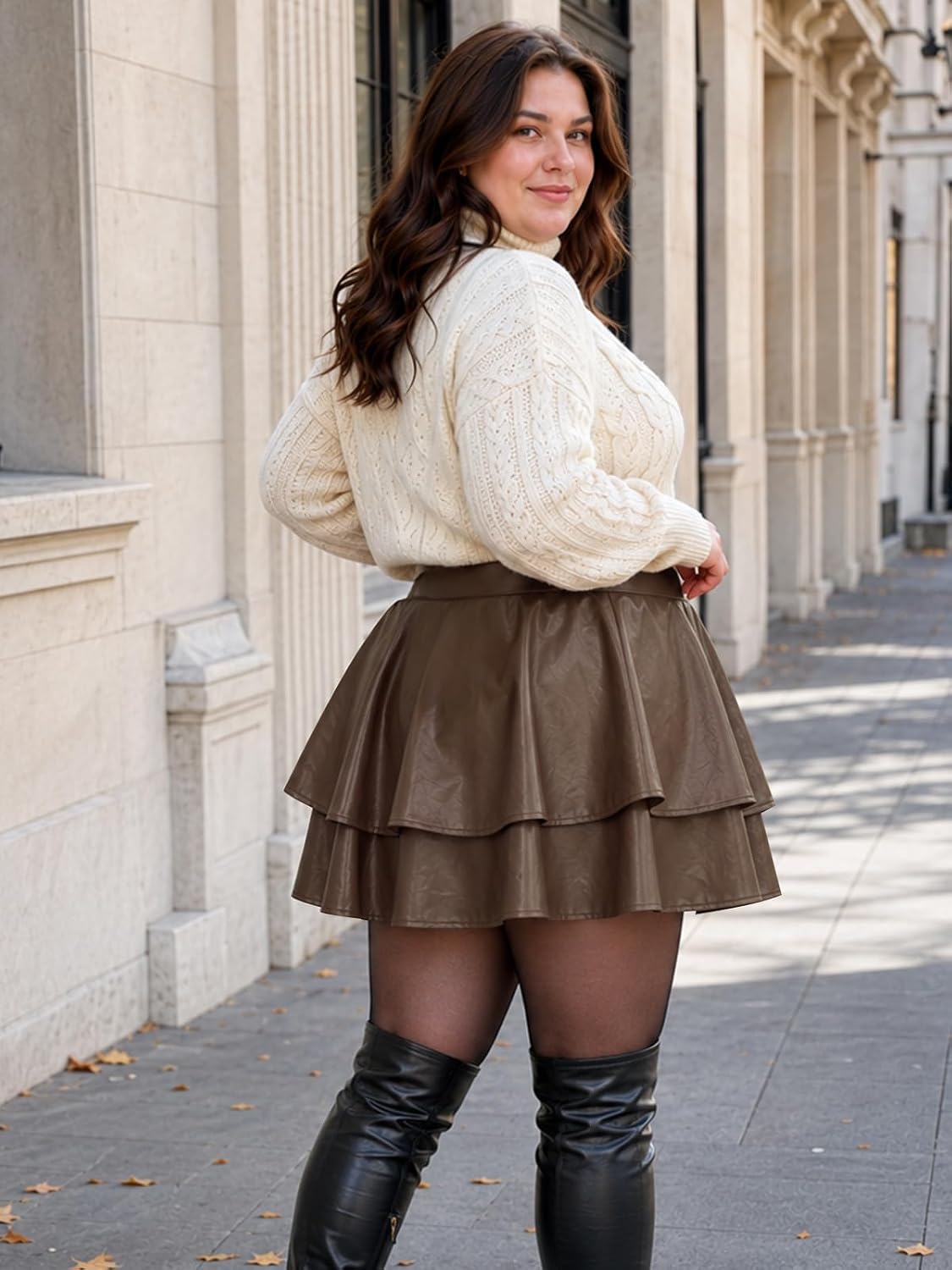 Moon Wood Womens Plus Size Leather Mini Skirt Ruffle Skort with Pockets - Brown