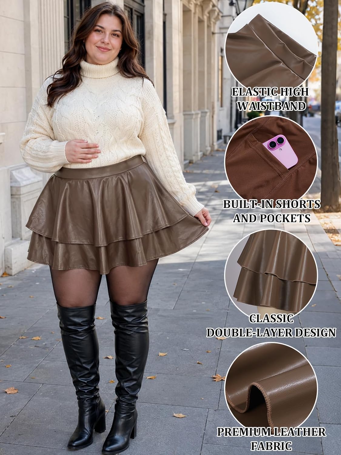 Moon Wood Womens Plus Size Leather Mini Skirt Ruffle Skort with Pockets - Brown