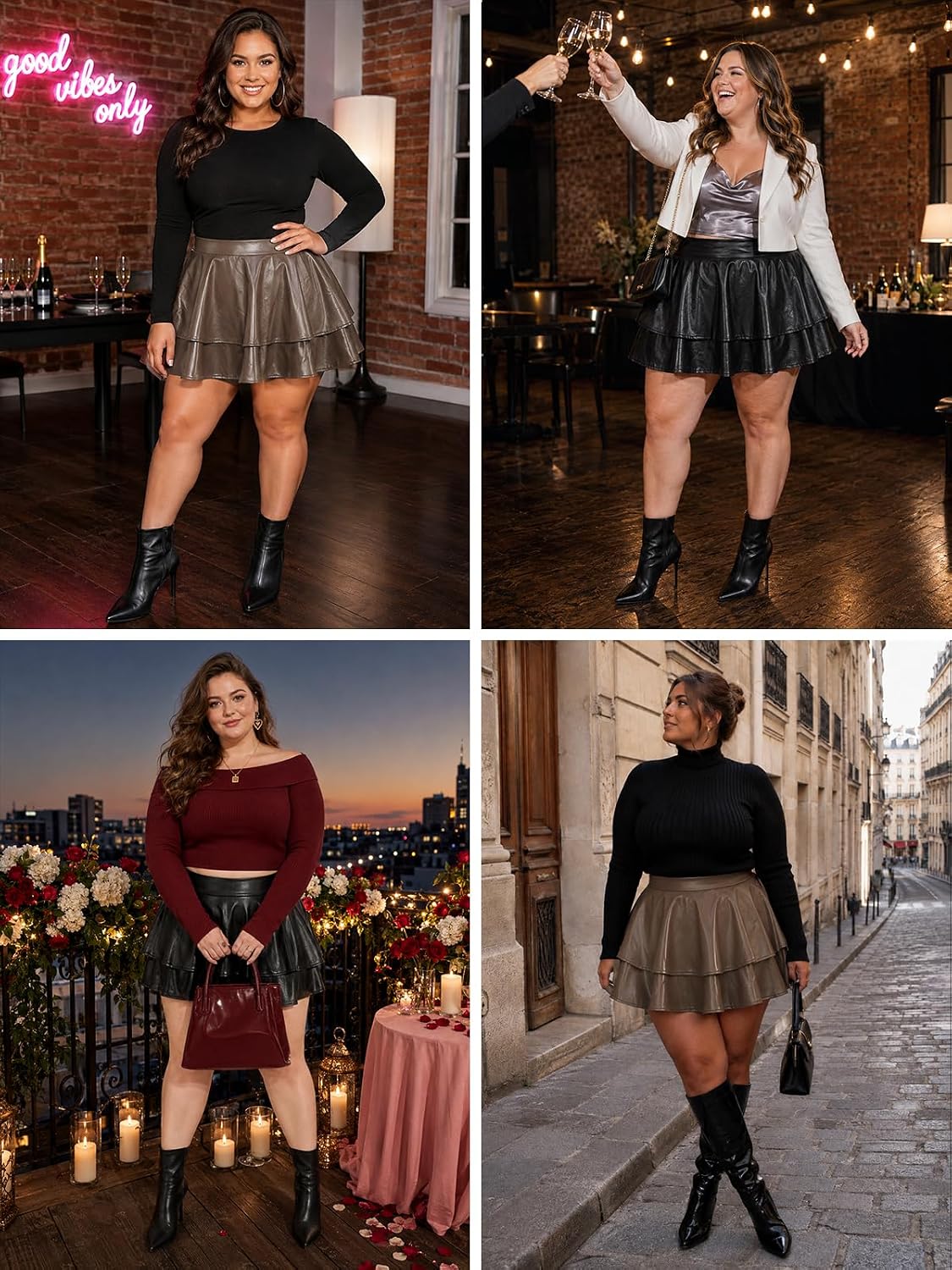 Moon Wood Womens Plus Size Leather Mini Skirt Ruffle Skort with Pockets - Brown