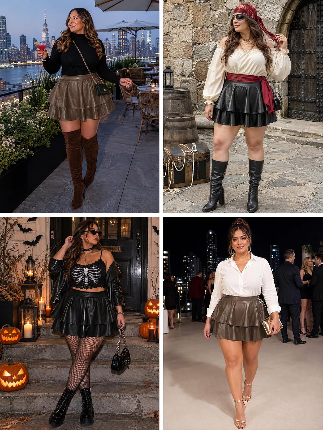 Moon Wood Womens Plus Size Leather Mini Skirt Ruffle Skort with Pockets - Brown
