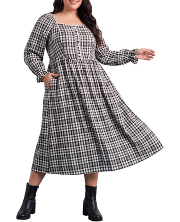 Moon Wood Womens Plus Size Maxi Dress Long Sleeve Fall Casual Dresses Plaid Dress - Black & White