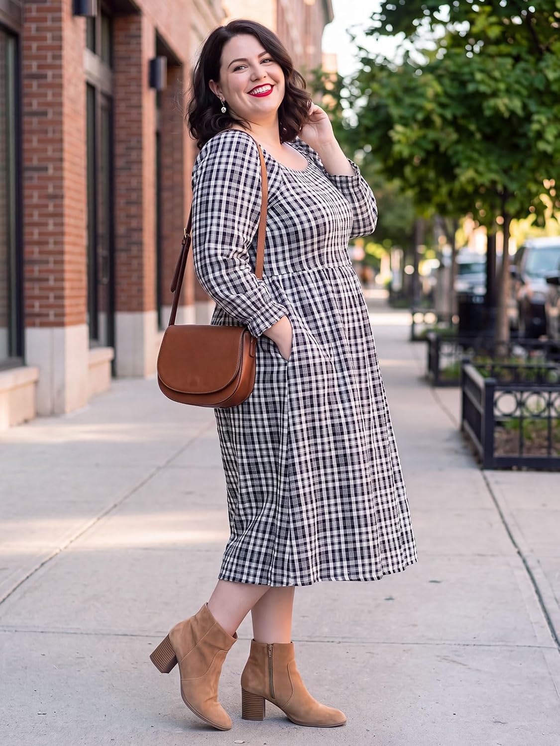 Moon Wood Womens Plus Size Maxi Dress Long Sleeve Fall Casual Dresses Plaid Dress - Black & White