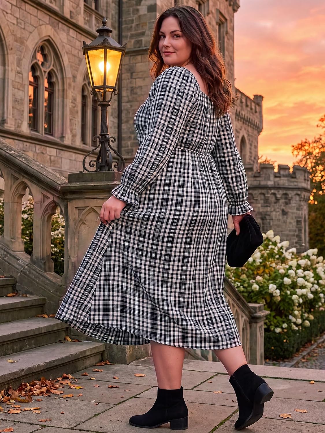 Moon Wood Womens Plus Size Maxi Dress Long Sleeve Fall Casual Dresses Plaid Dress - Black & White