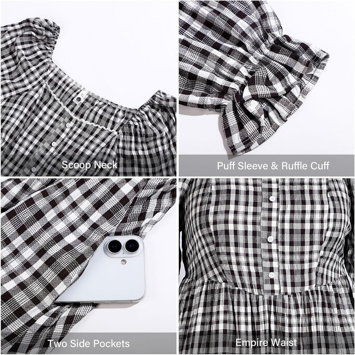 Moon Wood Womens Plus Size Maxi Dress Long Sleeve Fall Casual Dresses Plaid Dress - Black & White
