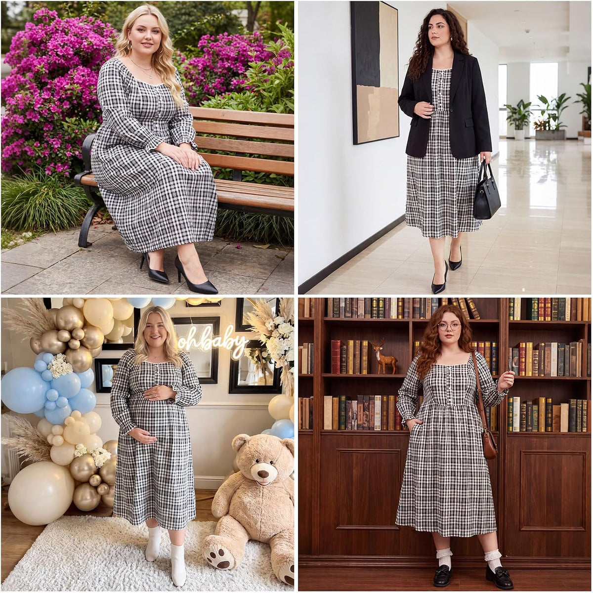 Moon Wood Womens Plus Size Maxi Dress Long Sleeve Fall Casual Dresses Plaid Dress - Black & White