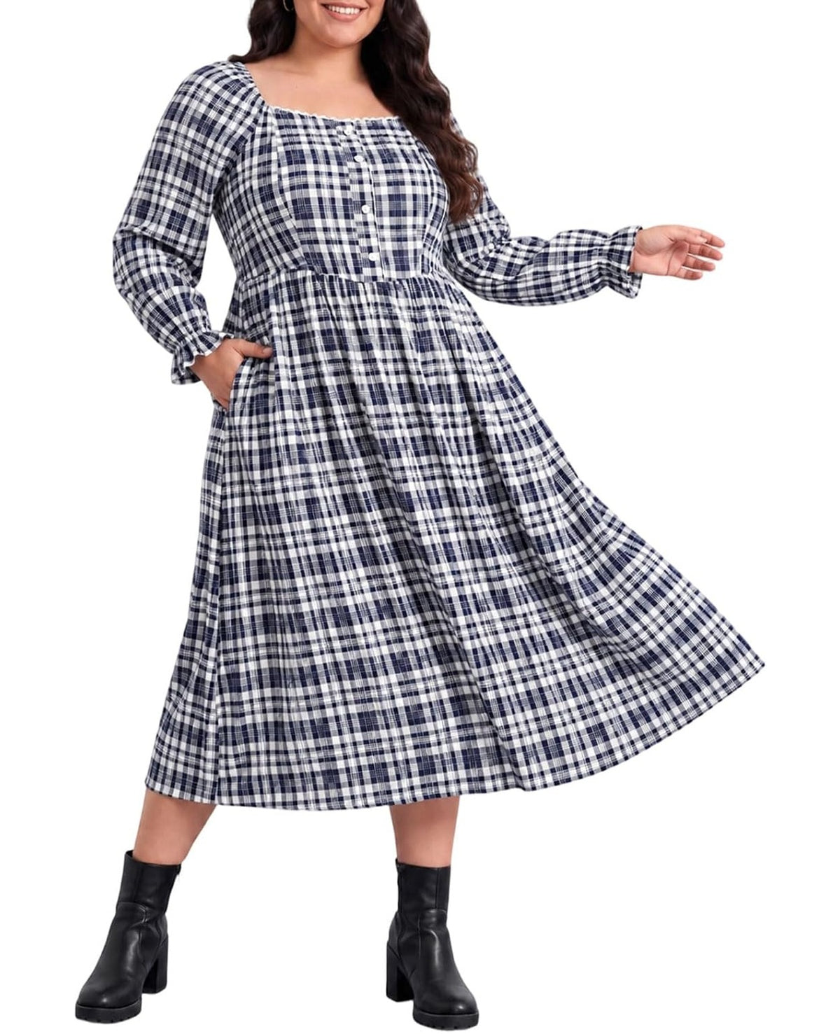 Moon Wood Womens Plus Size Maxi Dress Long Sleeve Fall Casual Dresses Plaid Dress - Navy & White