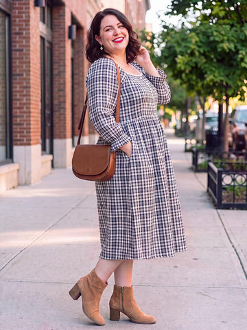 Moon Wood Womens Plus Size Maxi Dress Long Sleeve Fall Casual Dresses Plaid Dress - Navy & White