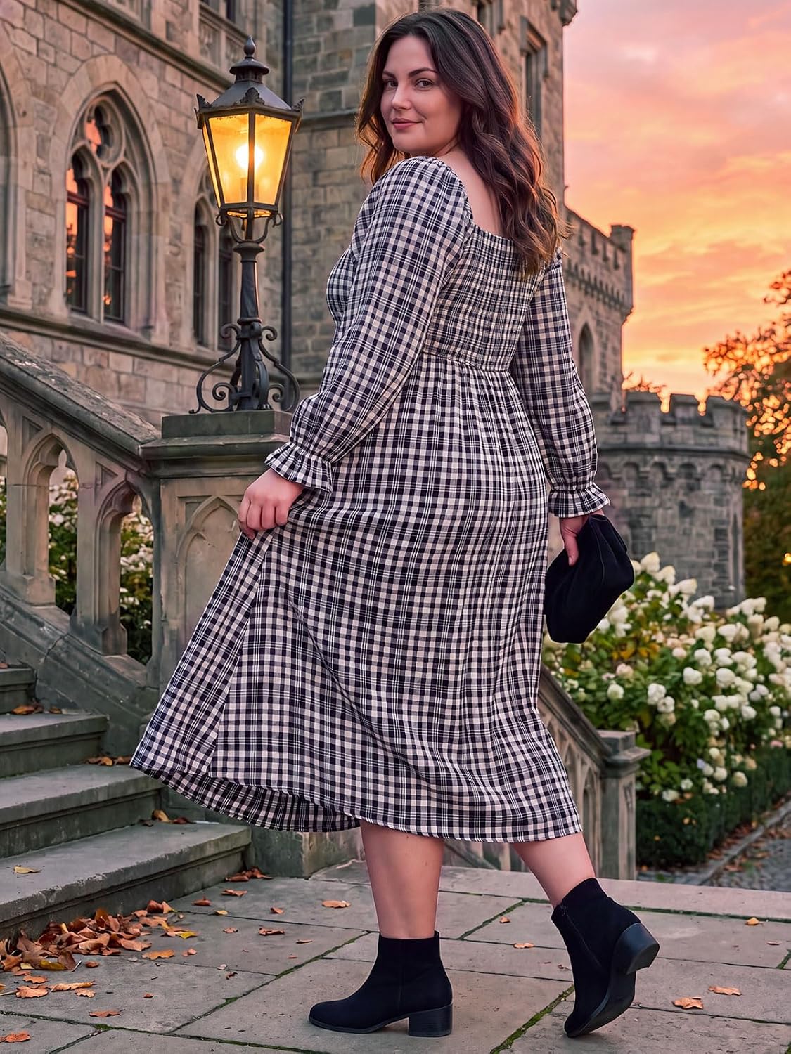 Moon Wood Womens Plus Size Maxi Dress Long Sleeve Fall Casual Dresses Plaid Dress - Navy & White